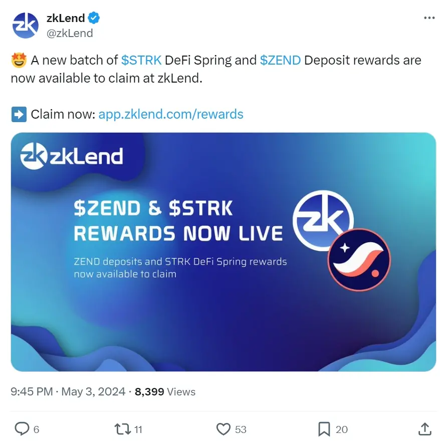 
  zkLend 开放 STRK DeFi Spring 和 ZEND 存款奖励申领
 第1张